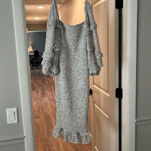 Petal & Pup Bonita Shirred Frill Long Sleeve Bodycon MIDI Dress - Blue Floral